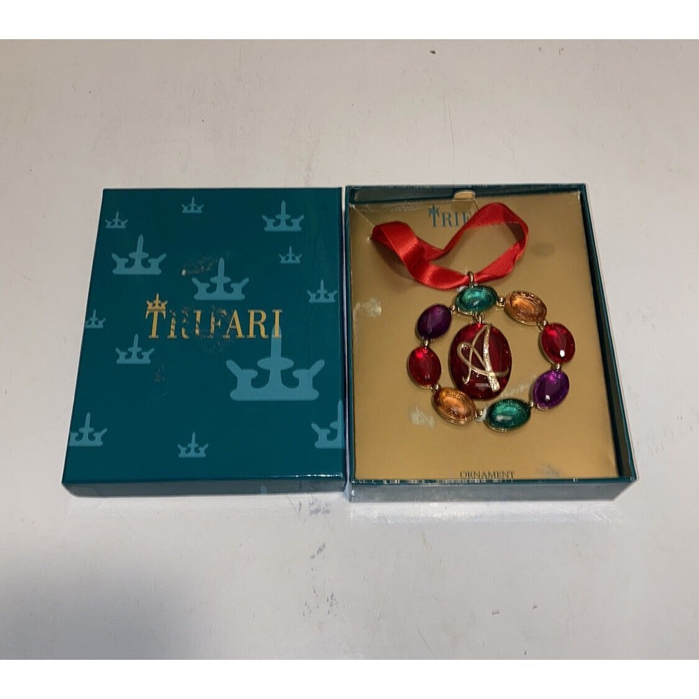 Trifari Crown Vintage "A”Monogram Jeweled Ornament Rhinestones W/Box